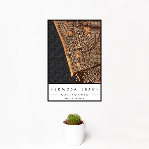 12x18 Hermosa Beach California Map Print Portrait Orientation in Ember Style With Small Cactus Plant in White Planter