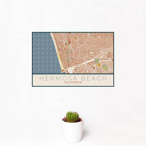 12x18 Hermosa Beach California Map Print Landscape Orientation in Woodblock Style With Small Cactus Plant in White Planter