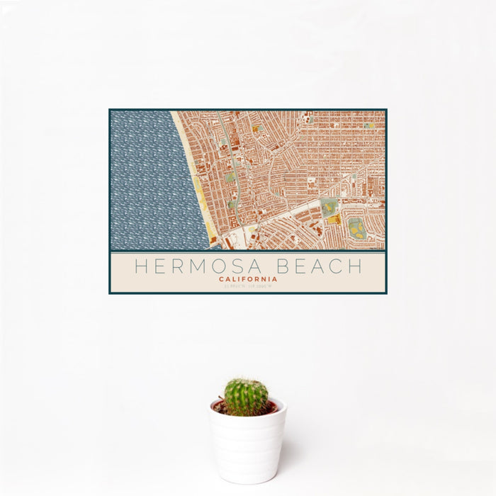12x18 Hermosa Beach California Map Print Landscape Orientation in Woodblock Style With Small Cactus Plant in White Planter