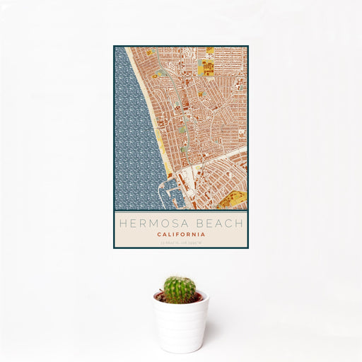 12x18 Hermosa Beach California Map Print Portrait Orientation in Woodblock Style With Small Cactus Plant in White Planter