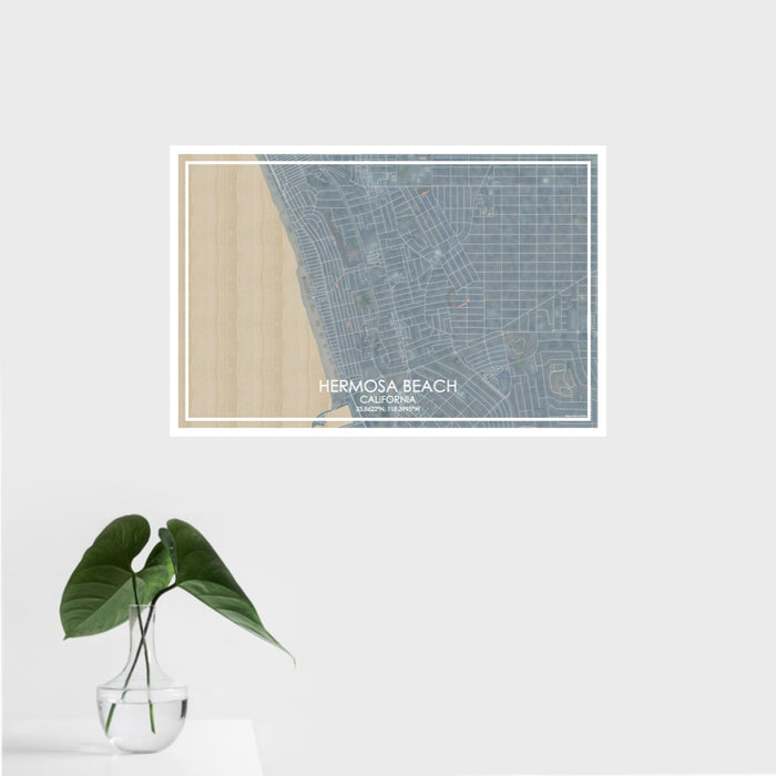 16x24 Hermosa Beach California Map Print Landscape Orientation in Afternoon Style With Tropical Plant Leaves in Water