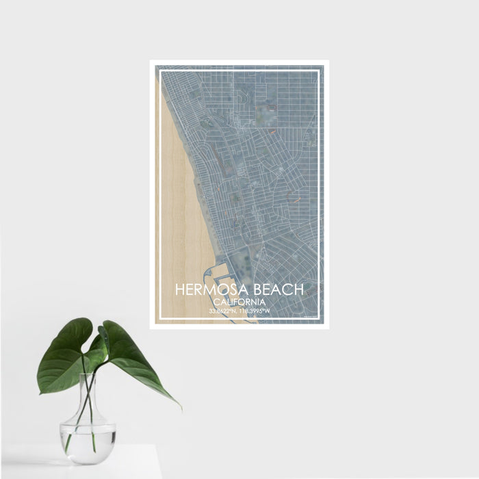 16x24 Hermosa Beach California Map Print Portrait Orientation in Afternoon Style With Tropical Plant Leaves in Water