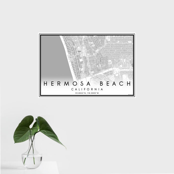 16x24 Hermosa Beach California Map Print Landscape Orientation in Classic Style With Tropical Plant Leaves in Water