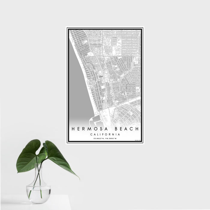 16x24 Hermosa Beach California Map Print Portrait Orientation in Classic Style With Tropical Plant Leaves in Water