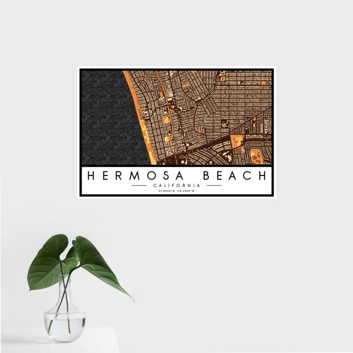 16x24 Hermosa Beach California Map Print Landscape Orientation in Ember Style With Tropical Plant Leaves in Water