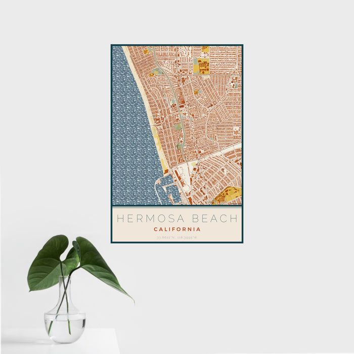 16x24 Hermosa Beach California Map Print Portrait Orientation in Woodblock Style With Tropical Plant Leaves in Water