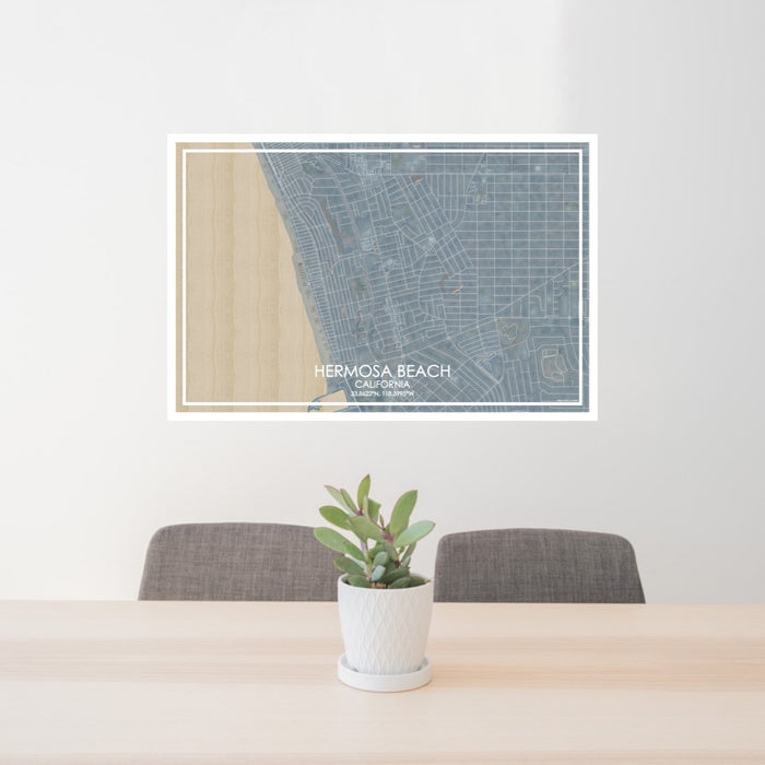 24x36 Hermosa Beach California Map Print Lanscape Orientation in Afternoon Style Behind 2 Chairs Table and Potted Plant