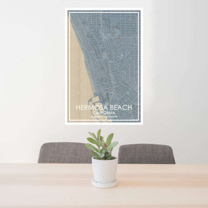 24x36 Hermosa Beach California Map Print Portrait Orientation in Afternoon Style Behind 2 Chairs Table and Potted Plant