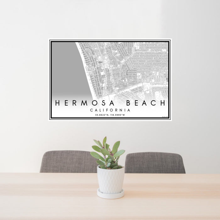 24x36 Hermosa Beach California Map Print Lanscape Orientation in Classic Style Behind 2 Chairs Table and Potted Plant