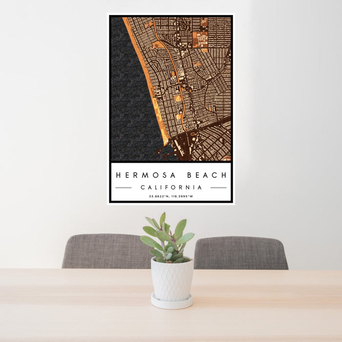 24x36 Hermosa Beach California Map Print Portrait Orientation in Ember Style Behind 2 Chairs Table and Potted Plant