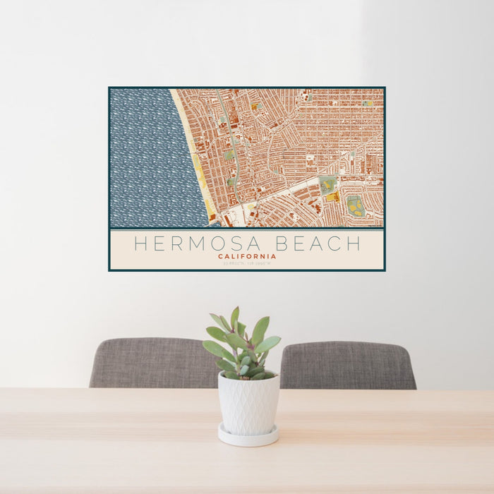 24x36 Hermosa Beach California Map Print Lanscape Orientation in Woodblock Style Behind 2 Chairs Table and Potted Plant