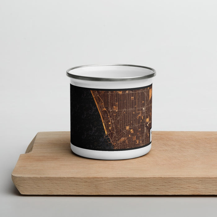 Front View Custom Hermosa Beach California Map Enamel Mug in Ember on Cutting Board