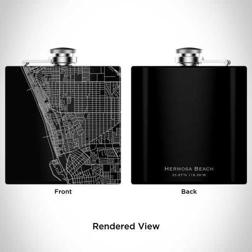 Rendered View of Hermosa Beach California Map Engraving on 6oz Stainless Steel Flask in Black