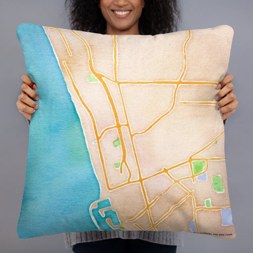 Person holding 22x22 Custom Hermosa Beach California Map Throw Pillow in Watercolor