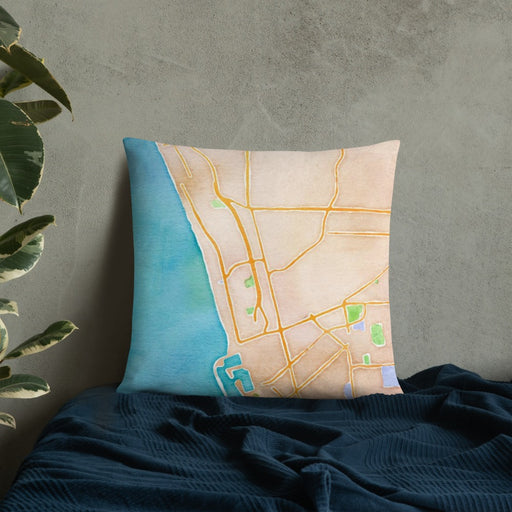 Custom Hermosa Beach California Map Throw Pillow in Watercolor on Bedding Against Wall