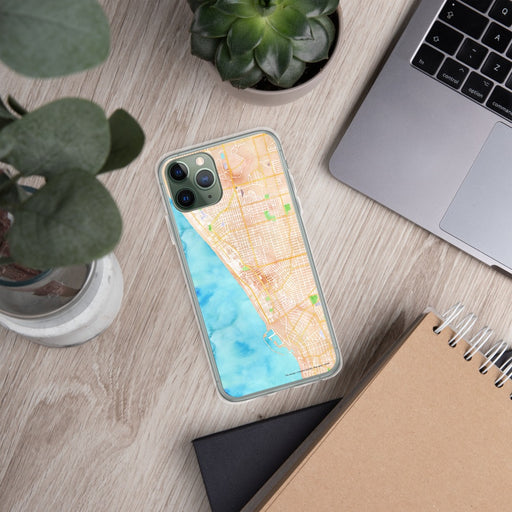 Custom Hermosa Beach California Map Phone Case in Watercolor on Table with Laptop and Plant