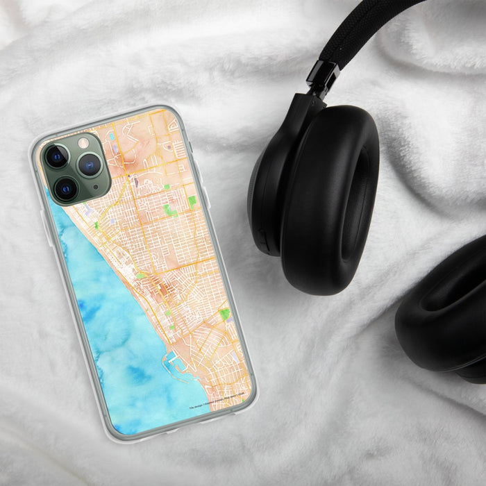 Custom Hermosa Beach California Map Phone Case in Watercolor on Table with Black Headphones