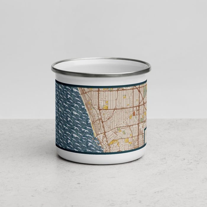 Front View Custom Hermosa Beach California Map Enamel Mug in Woodblock