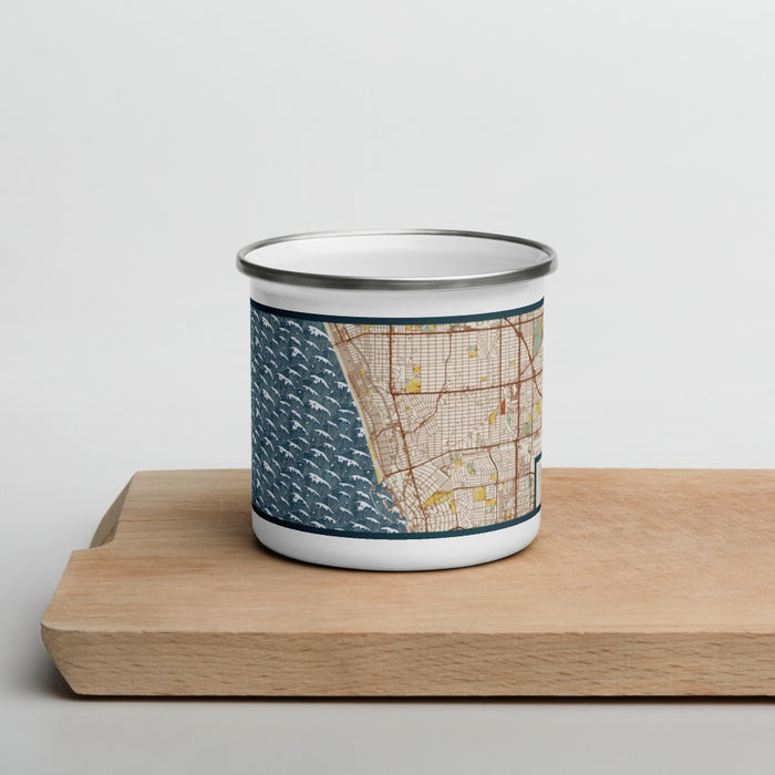 Front View Custom Hermosa Beach California Map Enamel Mug in Woodblock on Cutting Board
