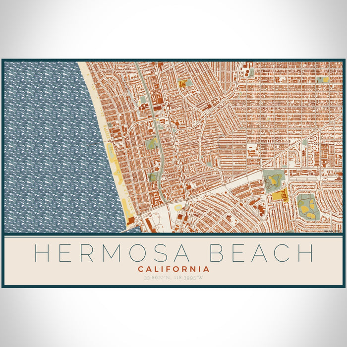 Hermosa Beach California Map Print Landscape Orientation in Woodblock Style With Shaded Background