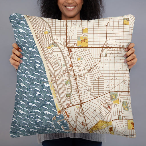 Person holding 22x22 Custom Hermosa Beach California Map Throw Pillow in Woodblock