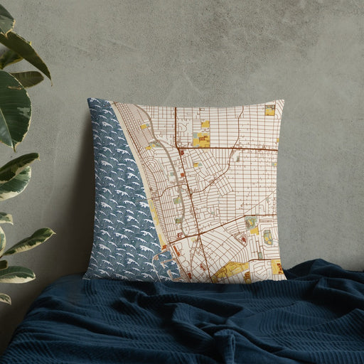 Custom Hermosa Beach California Map Throw Pillow in Woodblock on Bedding Against Wall