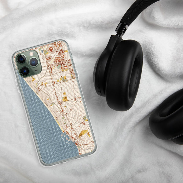 Custom Hermosa Beach California Map Phone Case in Woodblock on Table with Black Headphones