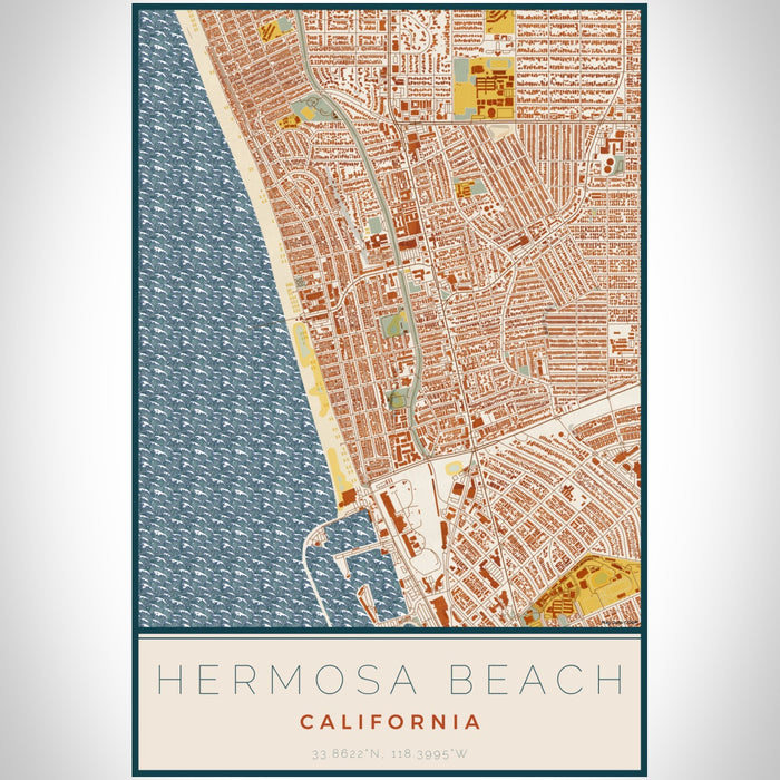 Hermosa Beach California Map Print Portrait Orientation in Woodblock Style With Shaded Background
