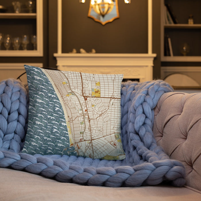 Custom Hermosa Beach California Map Throw Pillow in Woodblock on Cream Colored Couch