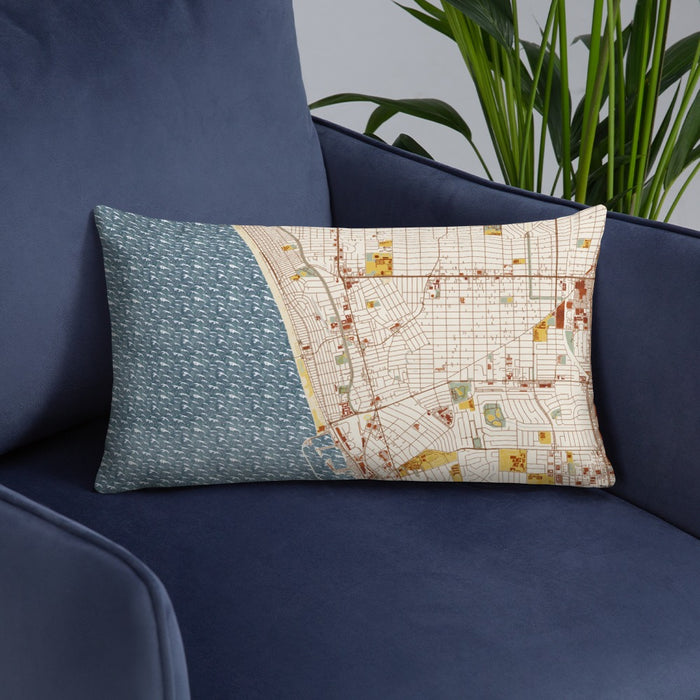 Custom Hermosa Beach California Map Throw Pillow in Woodblock on Blue Colored Chair