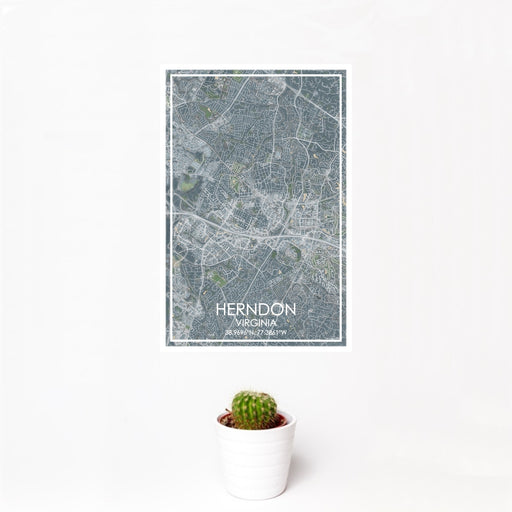 12x18 Herndon Virginia Map Print Portrait Orientation in Afternoon Style With Small Cactus Plant in White Planter