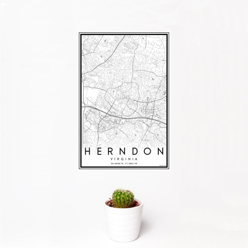 12x18 Herndon Virginia Map Print Portrait Orientation in Classic Style With Small Cactus Plant in White Planter