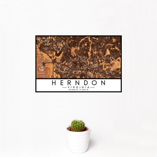 12x18 Herndon Virginia Map Print Landscape Orientation in Ember Style With Small Cactus Plant in White Planter
