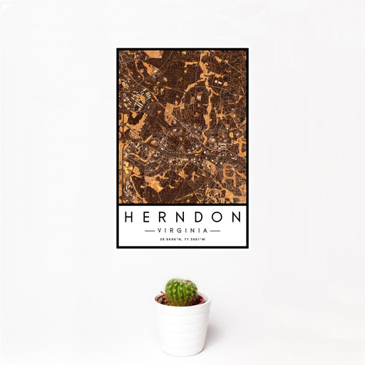 12x18 Herndon Virginia Map Print Portrait Orientation in Ember Style With Small Cactus Plant in White Planter
