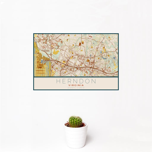 12x18 Herndon Virginia Map Print Landscape Orientation in Woodblock Style With Small Cactus Plant in White Planter