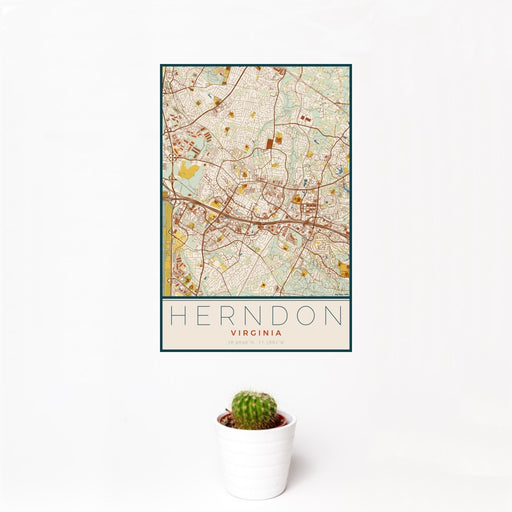 12x18 Herndon Virginia Map Print Portrait Orientation in Woodblock Style With Small Cactus Plant in White Planter