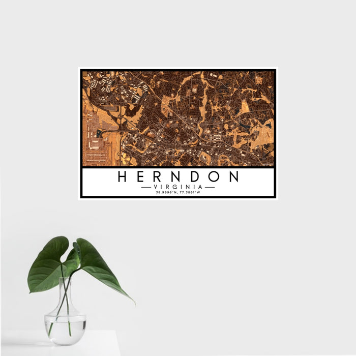 16x24 Herndon Virginia Map Print Landscape Orientation in Ember Style With Tropical Plant Leaves in Water