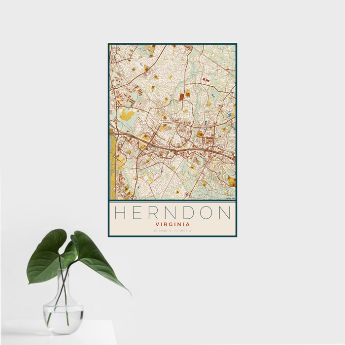 16x24 Herndon Virginia Map Print Portrait Orientation in Woodblock Style With Tropical Plant Leaves in Water