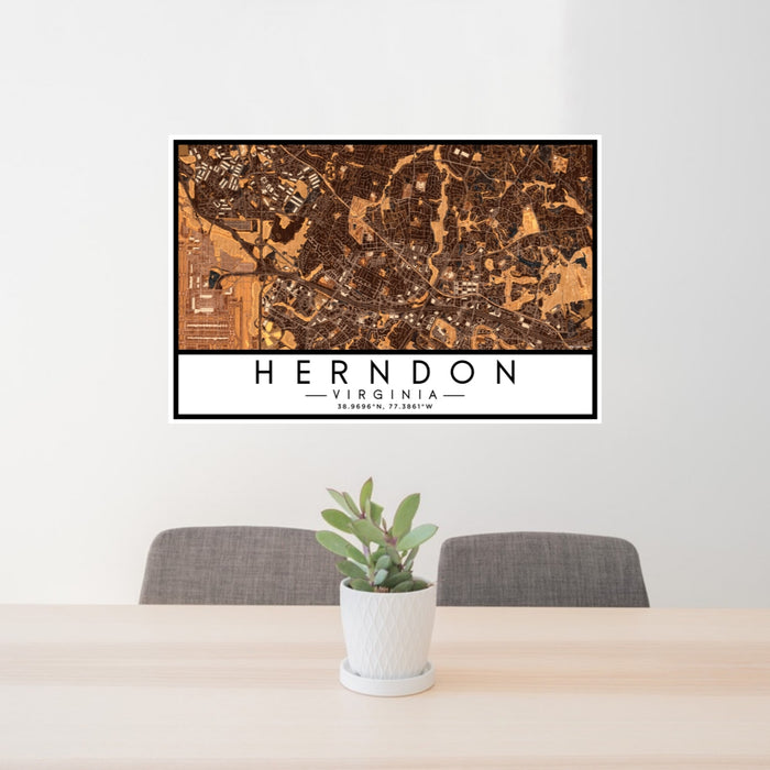 24x36 Herndon Virginia Map Print Lanscape Orientation in Ember Style Behind 2 Chairs Table and Potted Plant