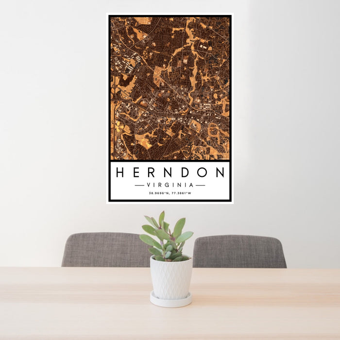 24x36 Herndon Virginia Map Print Portrait Orientation in Ember Style Behind 2 Chairs Table and Potted Plant