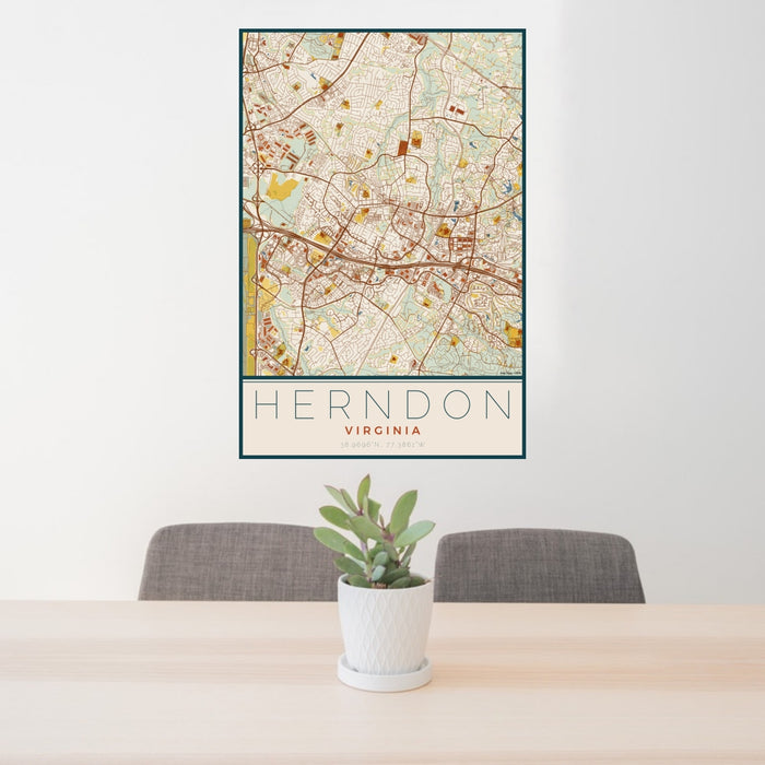 24x36 Herndon Virginia Map Print Portrait Orientation in Woodblock Style Behind 2 Chairs Table and Potted Plant