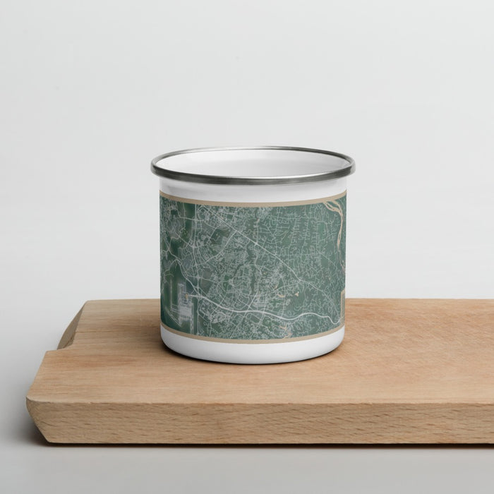 Front View Custom Herndon Virginia Map Enamel Mug in Afternoon on Cutting Board