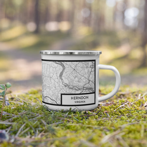 Right View Custom Herndon Virginia Map Enamel Mug in Classic on Grass With Trees in Background
