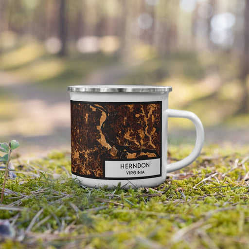 Right View Custom Herndon Virginia Map Enamel Mug in Ember on Grass With Trees in Background