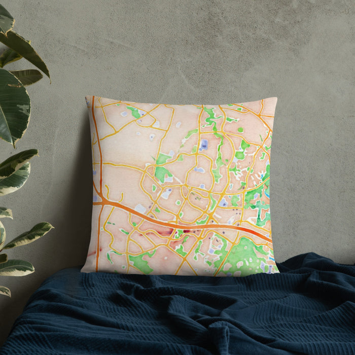 Custom Herndon Virginia Map Throw Pillow in Watercolor on Bedding Against Wall