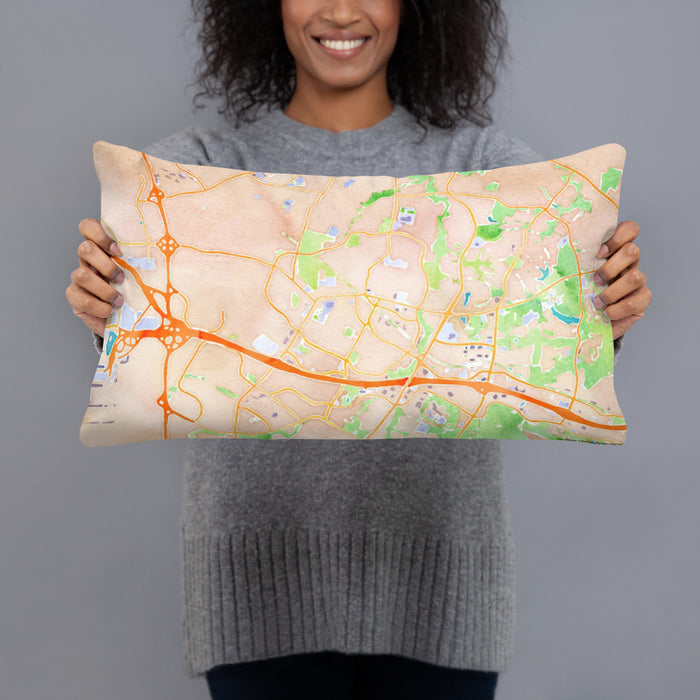 Person holding 20x12 Custom Herndon Virginia Map Throw Pillow in Watercolor