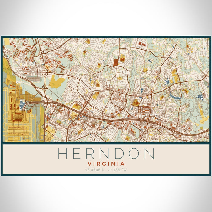 Herndon Virginia Map Print Landscape Orientation in Woodblock Style With Shaded Background