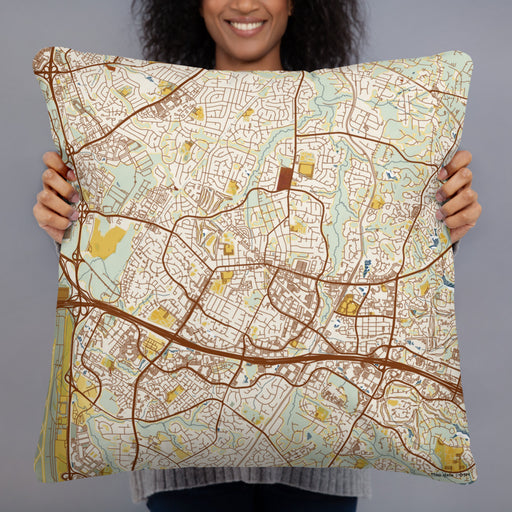 Person holding 22x22 Custom Herndon Virginia Map Throw Pillow in Woodblock