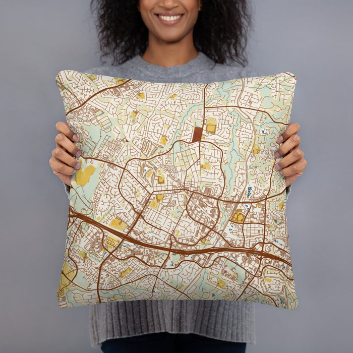 Person holding 18x18 Custom Herndon Virginia Map Throw Pillow in Woodblock