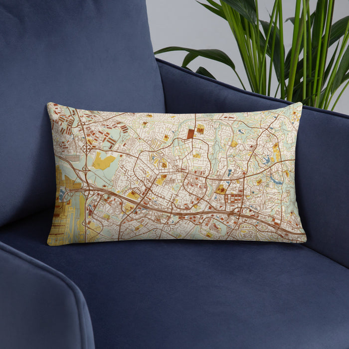 Custom Herndon Virginia Map Throw Pillow in Woodblock on Blue Colored Chair